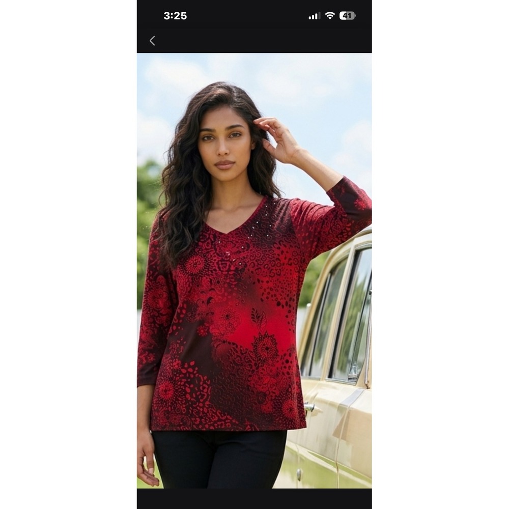 Allison Daley Womens Red Black Mixed Animal Floral Print 3/4 Sleeve V-Neck Top L